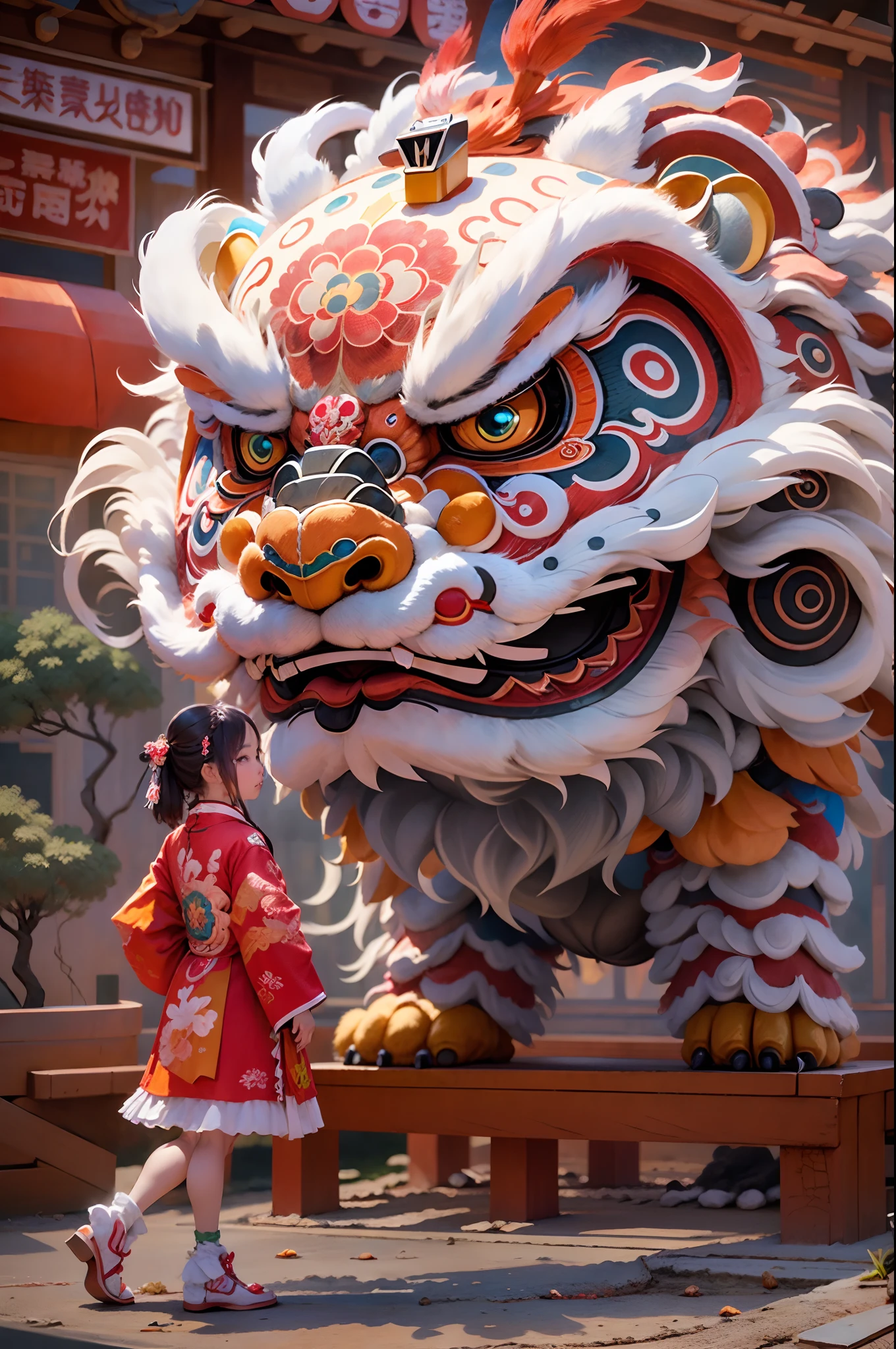 China-style，Lion dance girl，highly detailed surreal vfx，Smudge，Faraway view，super-fine，ultra - detailed，high qulity，8K ，oc rendered，dynamic viewing angle