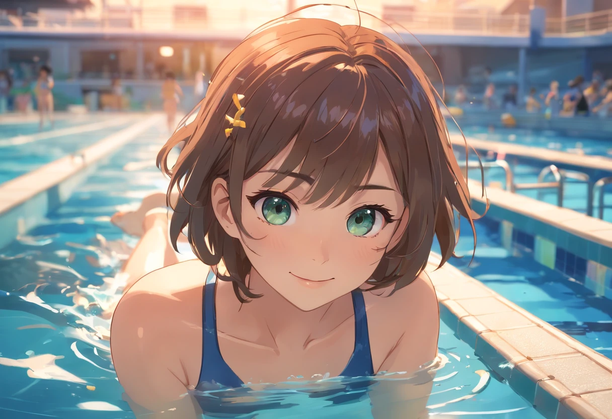 Anime girl in a blue swim suit in a pool - SeaArt AI