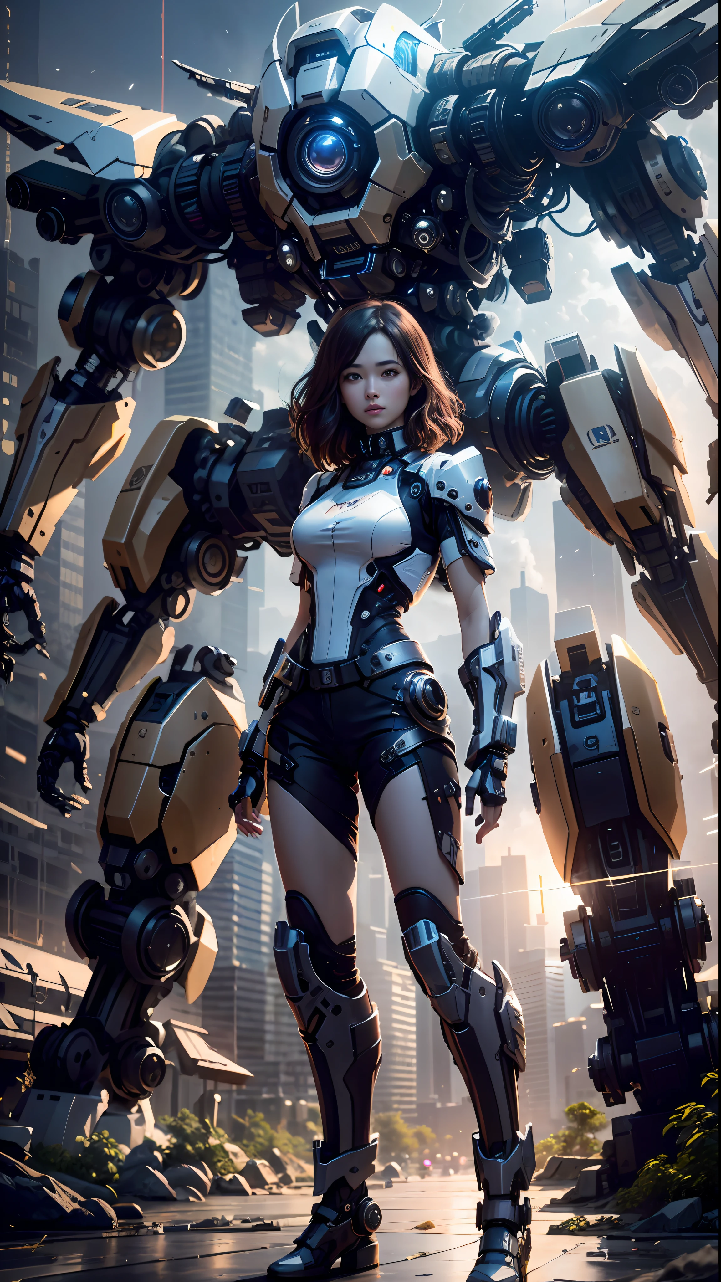 ((Best Quality)), ((Masterpiece)), (Very Detailed:1.3), 3D, Shitu-mecha, Beautiful cyberpunk woman with her pink mech in the ruins of a city in the forgotten war, Ancient technology, HDR (High Dynamic Range), ray tracing, NVIDIA RTX, super resolution, unreal 5, subsurface scattering, PBR texture, post-processing, anisotropic filtering, depth of field, maximum sharpness and sharpness, multi-layer texture, albedo and highlight maps, surface shading, Accurate simulation of light-material interactions, perfect proportions, octane rendering, duotone lighting, low ISO, white balance, rule of thirds, wide aperture, 8K RAW, efficient sub-pixels, subpixel convolution, luminescent particles, light scattering, Tyndall effect