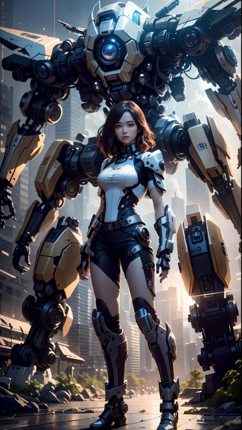 ((best quality)), ((masterpiece)), (very detailed:1.3), 3d, shitu-mecha, beautiful cyberpunk woman with her pink mech in the rui...