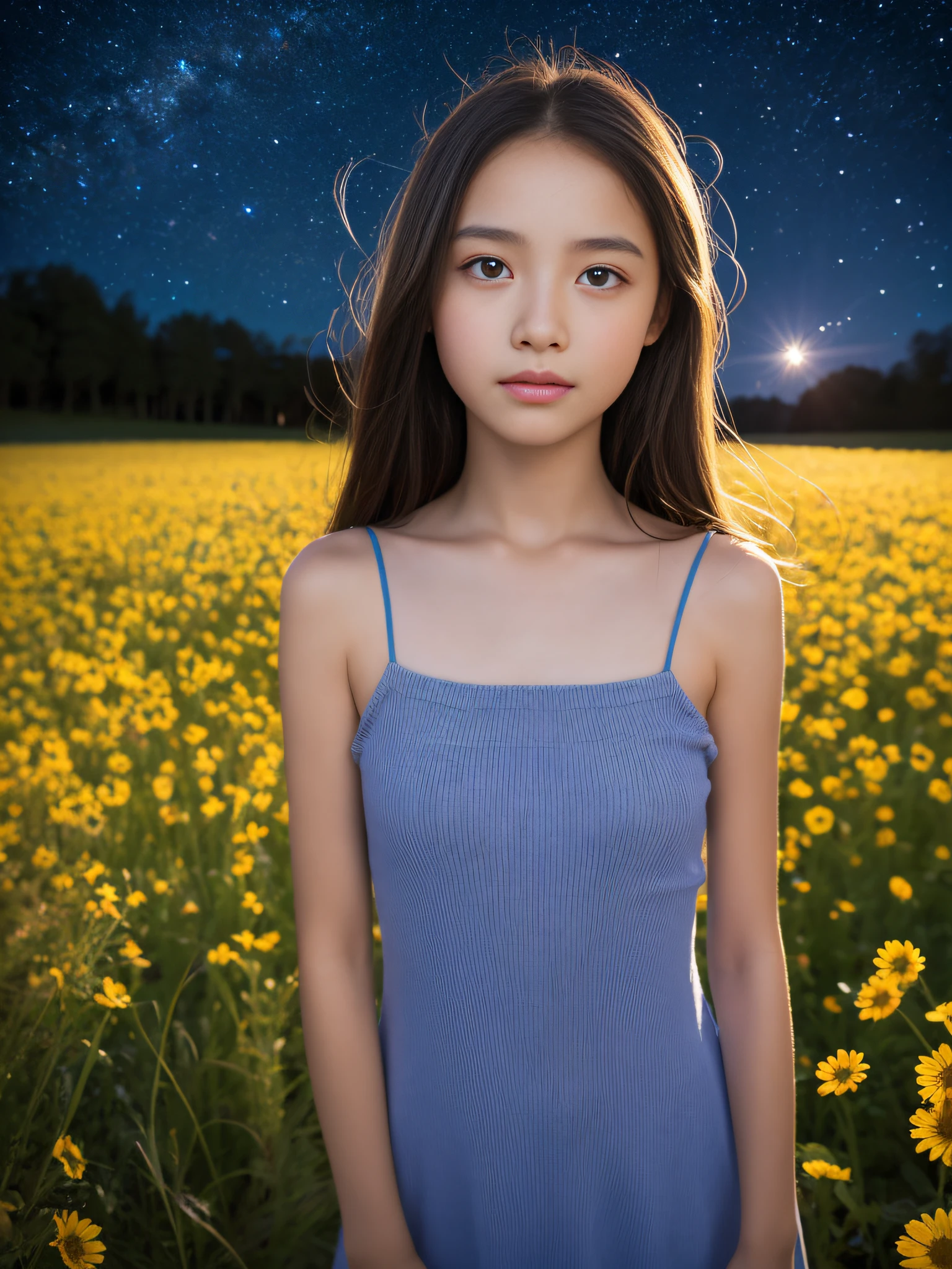 8K、12-year-old beautiful girl, length hair, starryskybackground、detailed beautiful faces、see-through camisole dresses, flower  field、Night、Very strong wind