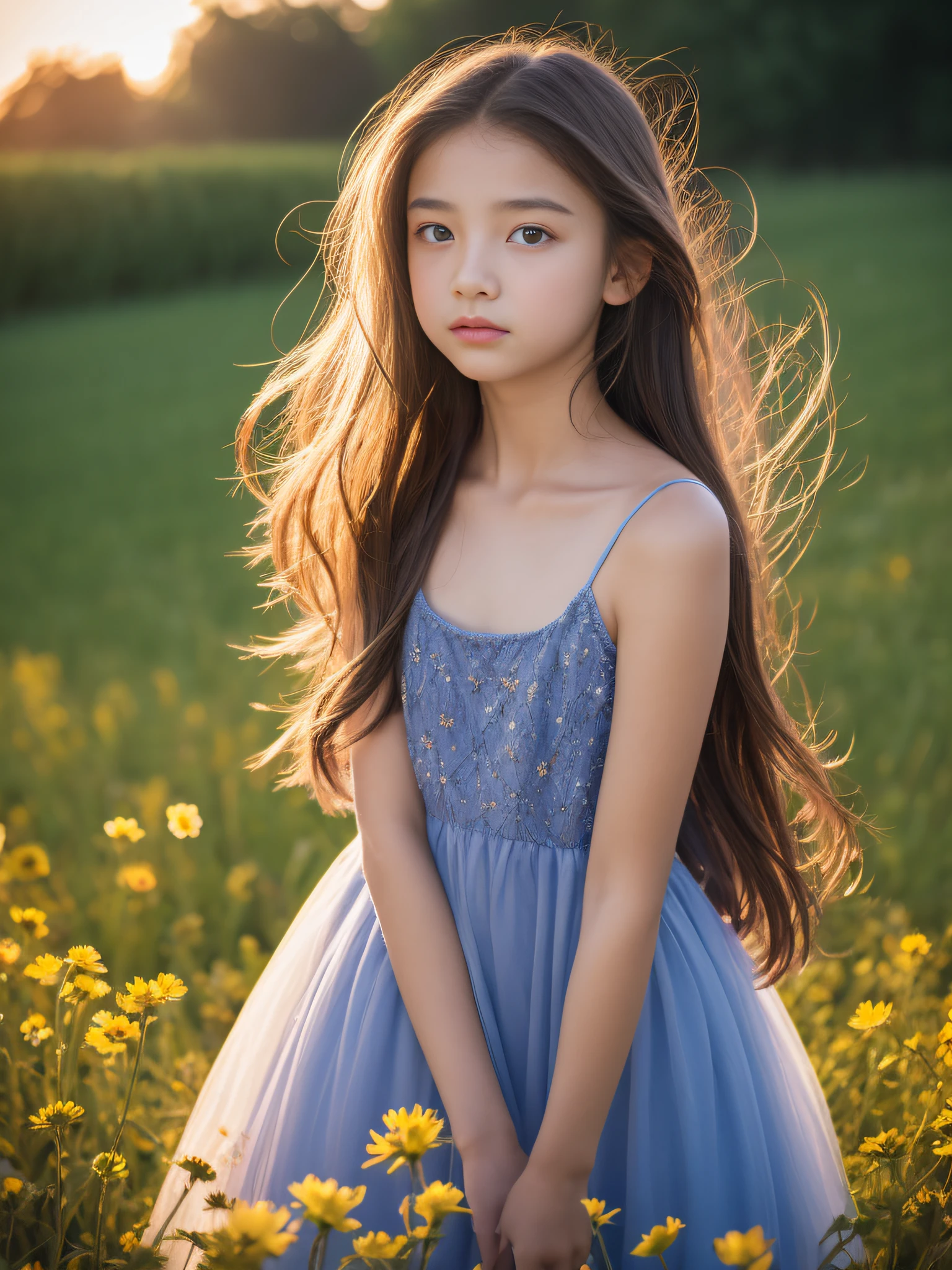 8K、12-year-old beautiful girl, length hair, starryskybackground、detailed beautiful faces、see-through camisole dresses, flower  field、Night、Very strong wind