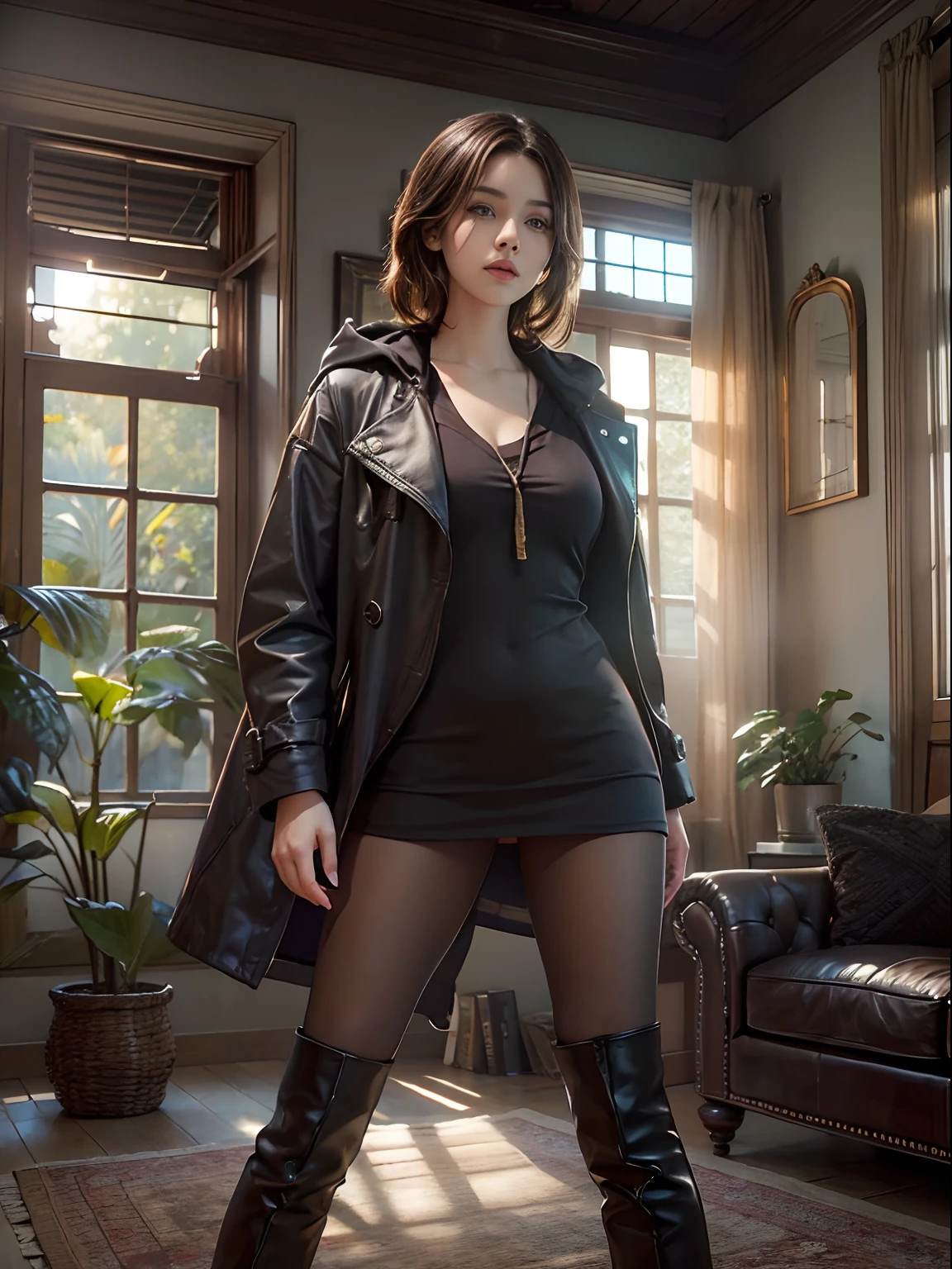 A girl with shoulder-length brown hair and amber eyes, Wears a black trench coat with a hood, Brown stockings, and black knee-length boots, standing in living room. 
(Best quality,4K,8K,A high resolution,Masterpiece:1.2), Ultra-detailed, (Realistic,Photorealistic,photo-realistic:1.37), hdr, hyper HD, Studio lighting, Extreme detail description, professional, Vivid colors, Bokeh, sportrait, comfortable atmosphere, Warm color tones, Soft natural lighting, vintage decor, Comfortable sofa, wooden coffee table, Book and plant bookshelf, Natural sunlight through the windows.