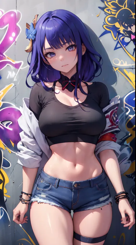 Kujou Sara Genshin Effect, masterpiece, bestquality, 1girls, bara, crop top, shorts jeans, choker, (Graffiti:1.5), color splashes, arm behind back, against wall, looking at the audience, bracelet, Thigh strap, Head tilt, bored, multicolored hair, water eye...