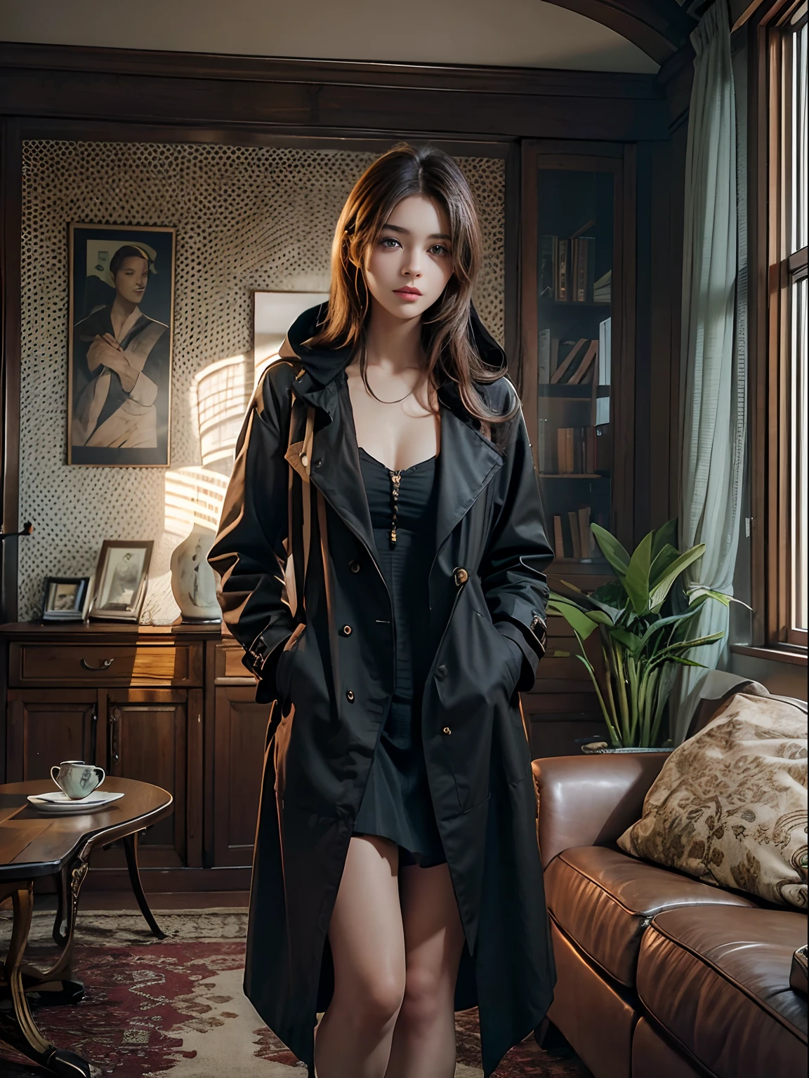 A girl with shoulder-length brown hair and amber eyes, Wears a black trench coat with a hood, Brown stockings, and black knee-length boots, standing in living room. 
(Best quality,4K,8K,A high resolution,Masterpiece:1.2), Ultra-detailed, (Realistic,Photorealistic,photo-realistic:1.37), hdr, hyper HD, Studio lighting, Extreme detail description, professional, Vivid colors, Bokeh, sportrait, comfortable atmosphere, Warm color tones, Soft natural lighting, vintage decor, Comfortable sofa, wooden coffee table, Book and plant bookshelf, Natural sunlight through the windows.