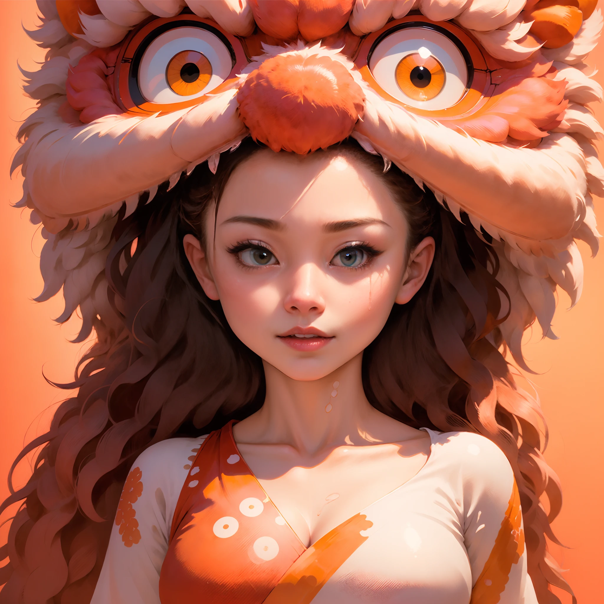 超高分辨率，the Lion，lion dance，1girll，（abstract artistic：1.4），Visually stunning，big breasts beautiful，Evocative，Emotional，side looking，colored sclera，light pink colored hair，Cyberpunk fantasy，exhilarated，art noveau，chromatic aberration abuse，tmasterpiece，Gorgeous face with high detail of best quality、dynamicposes、aethereal、mistic、Splash dripping、Paper texture、perfectly shaded、dramatic  lighting。Artwork should be centralized、Stylized and well-crafted