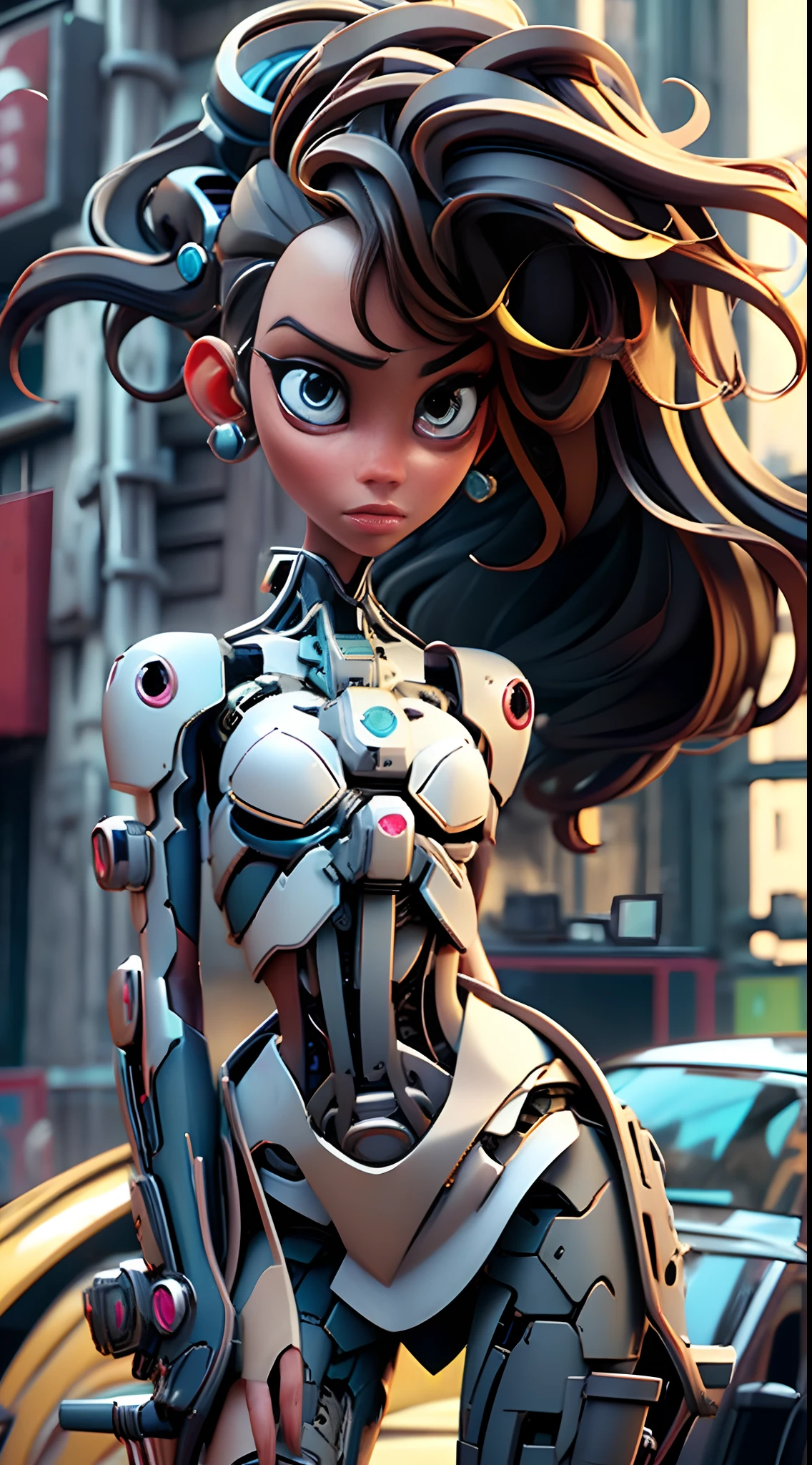 In a futuristic city, a girl a human arm and her second mecha arm and both mecha legs stand. The chrome metal glistening in the neon lights. His eyes are sharp and detailed, depicting a sense of determination. His face is adorned with intricate circuit patterns, adding to his robotic charm. Slightly separated, her lips hold an enigmatic smile. The exterior of the girl exudes strength and power, with elegant curves and perfectly designed body proportions. Her outfit is a fusion of technology and fashion, with a tight body that accentuates her agile movements. The suit is adorned with glowing LED strips, highlighting its robotic nature. She stands in a dynamic posture, a hand extended forward, as if to trigger a powerful explosion of her high-tech forearm guns. The scene takes place against a backdrop of futuristic skyscrapers, dominating the cityscape. The buildings are bathed in vibrant shades of blue and purple, creating a supernatural atmosphere. The streets below are animated by flying cars and bustling crowds, indicating the cutting-edge technology and bustling city life. The lighting of the scene is dramatic, projecting long shadows and accentuating the features of the girl. Neon signs on billboards and road signs create a colourful and dynamic atmosphere. The glow of the city reflects the polished surface of the mecha girl, highlighting the high level of detail and realism. This invite aims to generate a high quality, detailed and photorealistic image of a mecha girl in a futuristic city. The focus is on capturing the elegance of the mecha girl’s design, the vibrant atmosphere of the city and the play of light and shadows. The resulting image should be a masterpiece of digital art, with ultra-fine details and bright colors, giving life to this futuristic world.