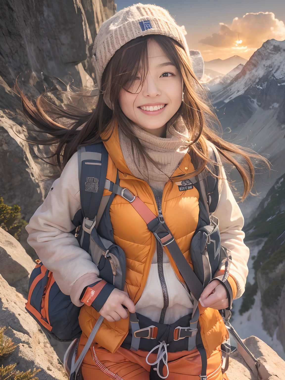 nffsw, nffsw, Ray traching, Radio City, Anisotropy Filtering, 16 K, Best Quality, masutepiece,1girl in, Solo, Mature,  Beautiful mountaineer, hiking clothes, Gradient long hair, Perfect, Detailed, Convoluted, ropes, mountaineering equipment、Happy smile、Orange sunset、Happy smile