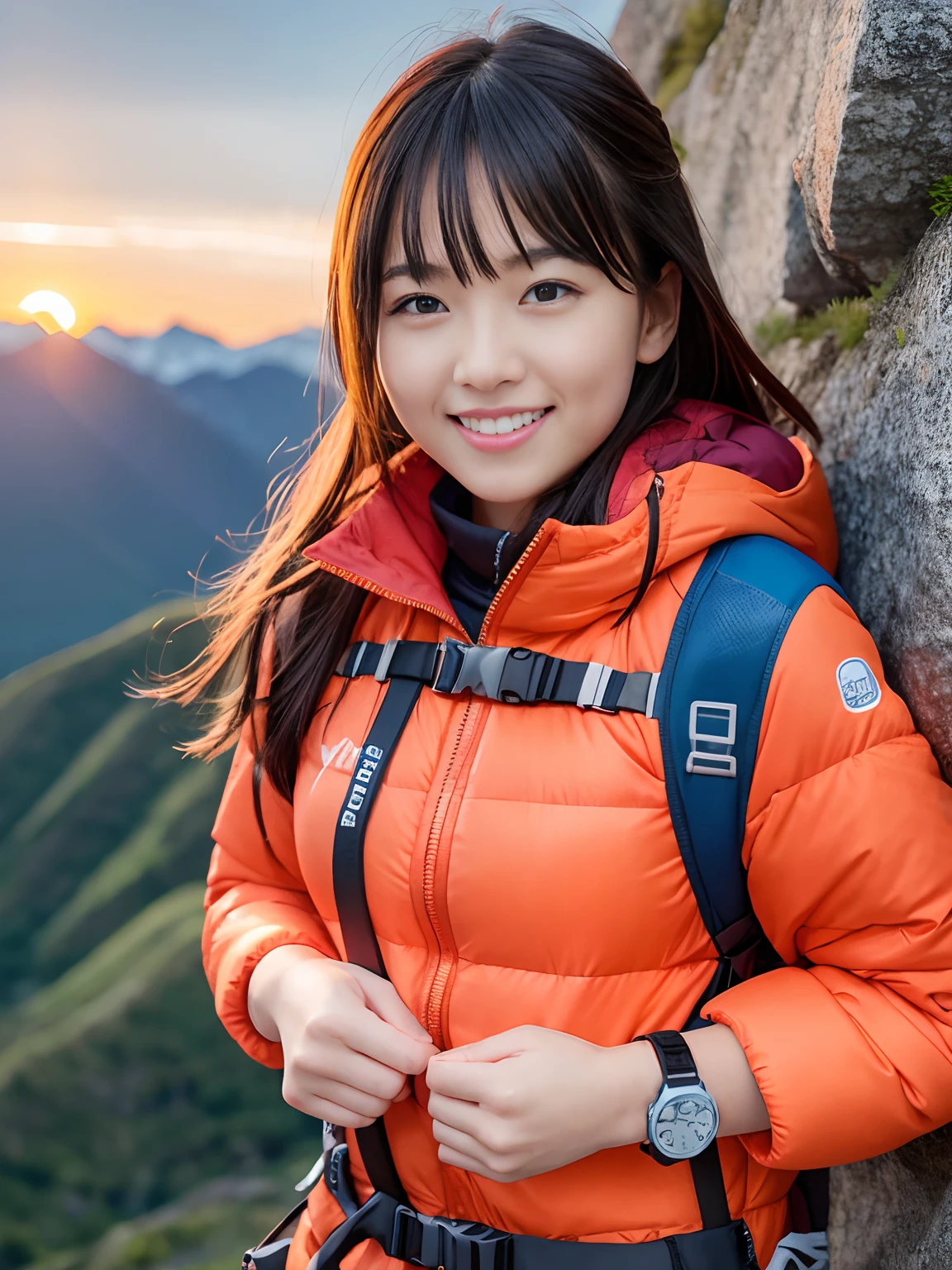 nffsw, nffsw, Ray traching, Radio City, Anisotropy Filtering, 16 K, Best Quality, masutepiece,1girl in, Solo, 25-years old,  Beautiful mountaineer, hiking clothes, Gradient long hair, Perfect, Detailed, Convoluted, ropes, mountaineering equipment、Happy smile、Orange sunset、Happy smile、hiking
