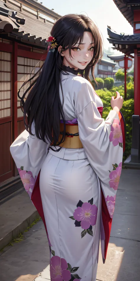 kimono, japanese_clothes, 1girl, floral_print, long_hair, solo, sash, looking_at_viewer, obi, black_hair, looking_back, outdoors...