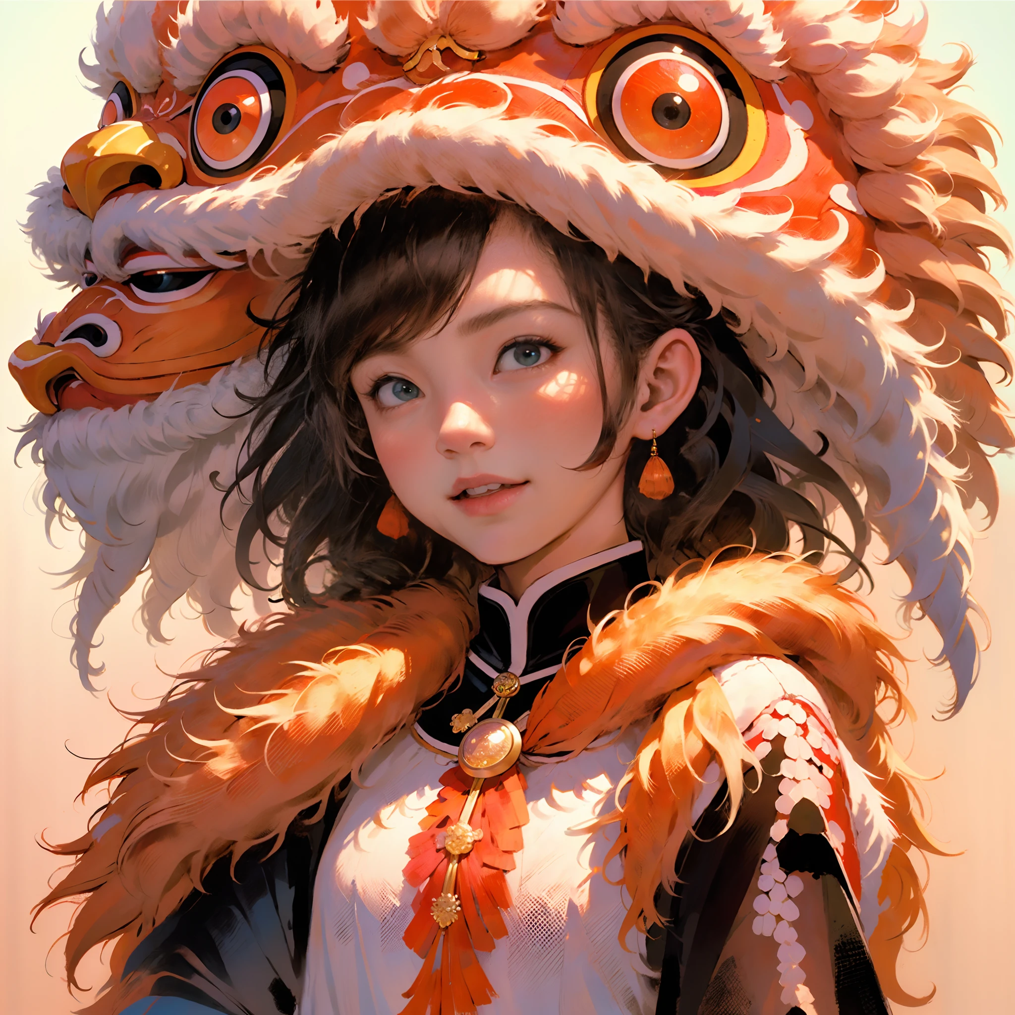 超高分辨率, 独奏, Blushlush, lion dance, Chinese lion, 1womanl，tmasterpiece, best qualtiy, Extremely detailed CG unified 8K wallpapers, illustratio, ultra - detailed, Bushy hair, white mane, largeeyes, toucan, buck teeth, Turn around and look at the audience, Ojiri, hydrangeas, Metal clocks, （Walking posture：1.3）, crazy, Constructivism, Ray tracing, Masterpiece, Best quality, 8K ，extreme beautiful, Avant-garde, Cool, Aura of evil, ventania, Glowing eyes, Serious expressions, dystopian city, Futuristic, Detailed background, Award-Awarded, Neon lights, trending on art station