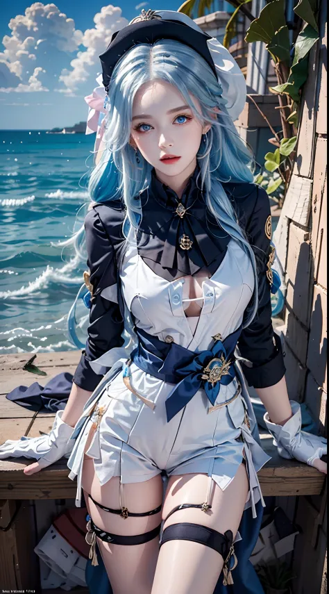 photography awards, masterpiece, blue hair, blue eyes, photorealistic, high resolution, soft light, brooch, waist bow, short shorts, blue suit, multicolored hair, white gloves, black gloves, white shirt, open clothes, water, underwater, ocean, single skirt...