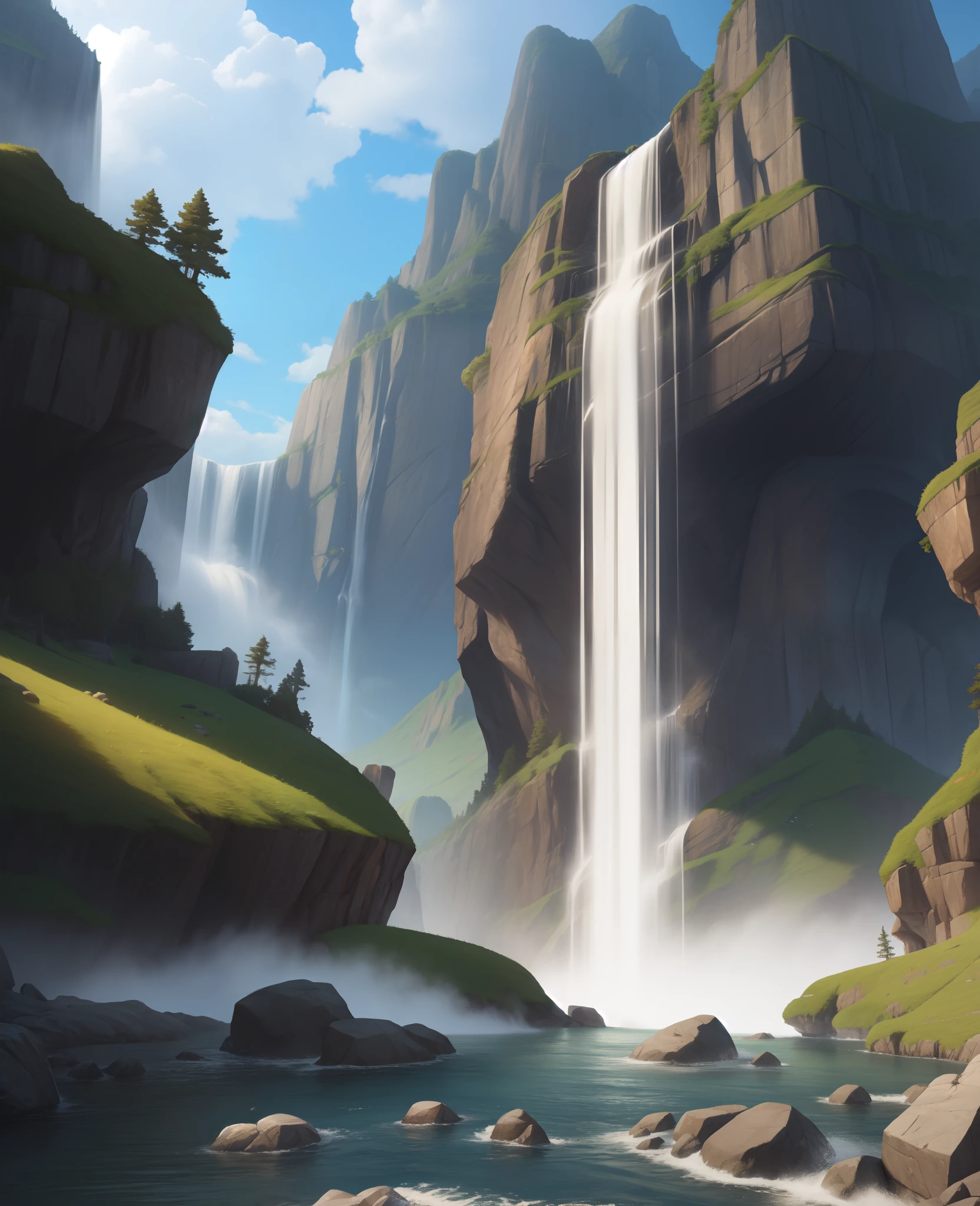 a cliff overlooking a waterfall, several arch-shaped stones at the top, matte painting 8k, matte paint 8K, vertical wallpaper 8K, vertical wallpaper 8K, vertical wallpaper 4K, vertical wallpaper 4K, lost series, realistic fantasy rendering, digital painting with 8K resolution, digital painting with 8K resolution,  Jessica Rossier fantasy art, 4K rendered matte paint, 3D rendered matte paint