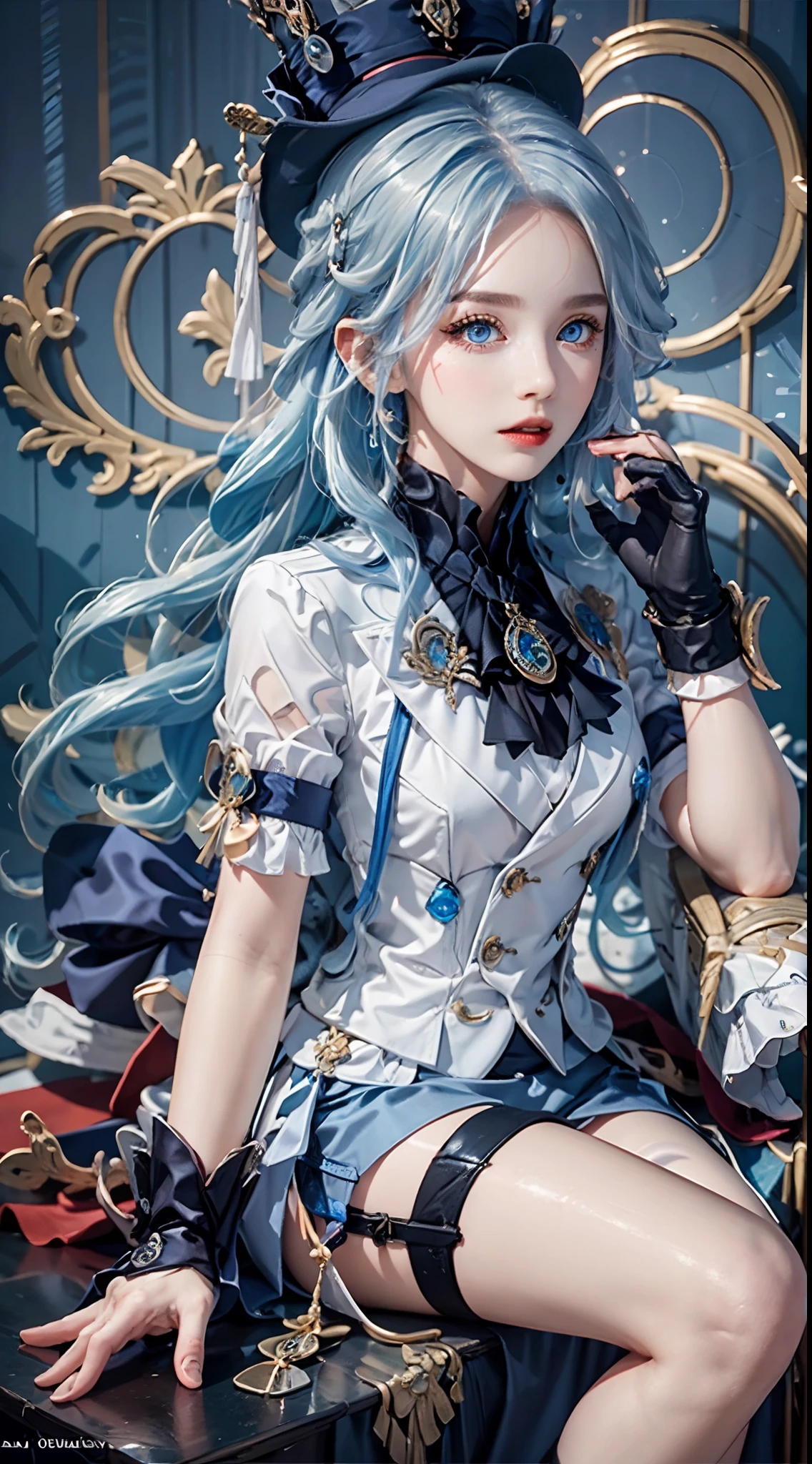 photography awards, masterpiece, blue hair, blue eyes, photorealistic, high resolution, soft light, brooch, waist bow, short shorts, blue suit, multicolored hair, white gloves, black gloves, white shirt, open clothes, water, underwater, ocean, single skirt hem, thigh strap, hat