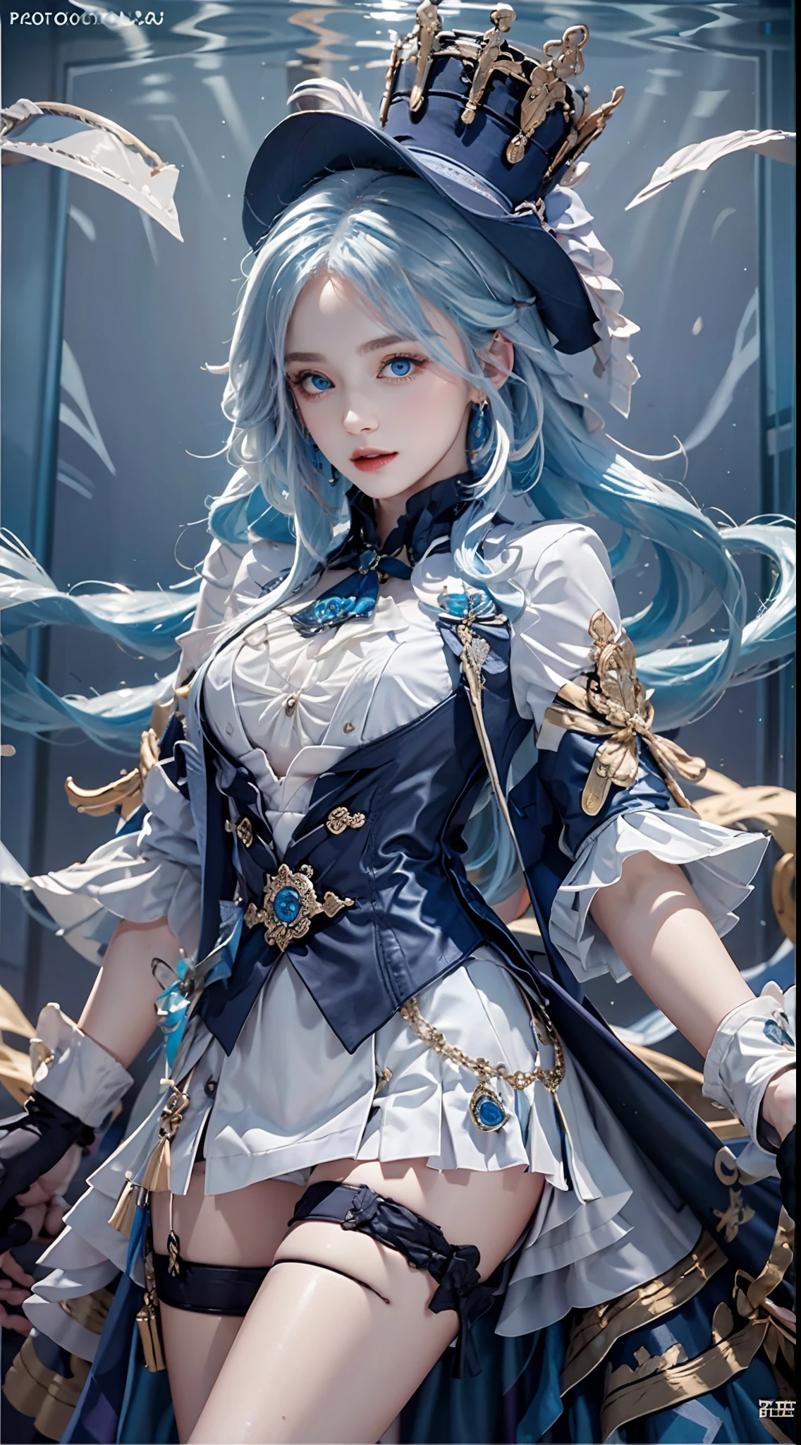 photography awards, masterpiece, blue hair, blue eyes, photorealistic, high resolution, soft light, brooch, waist bow, short shorts, blue suit, multicolored hair, white gloves, black gloves, white shirt, open clothes, water, underwater, ocean, single skirt hem, thigh strap, hat
