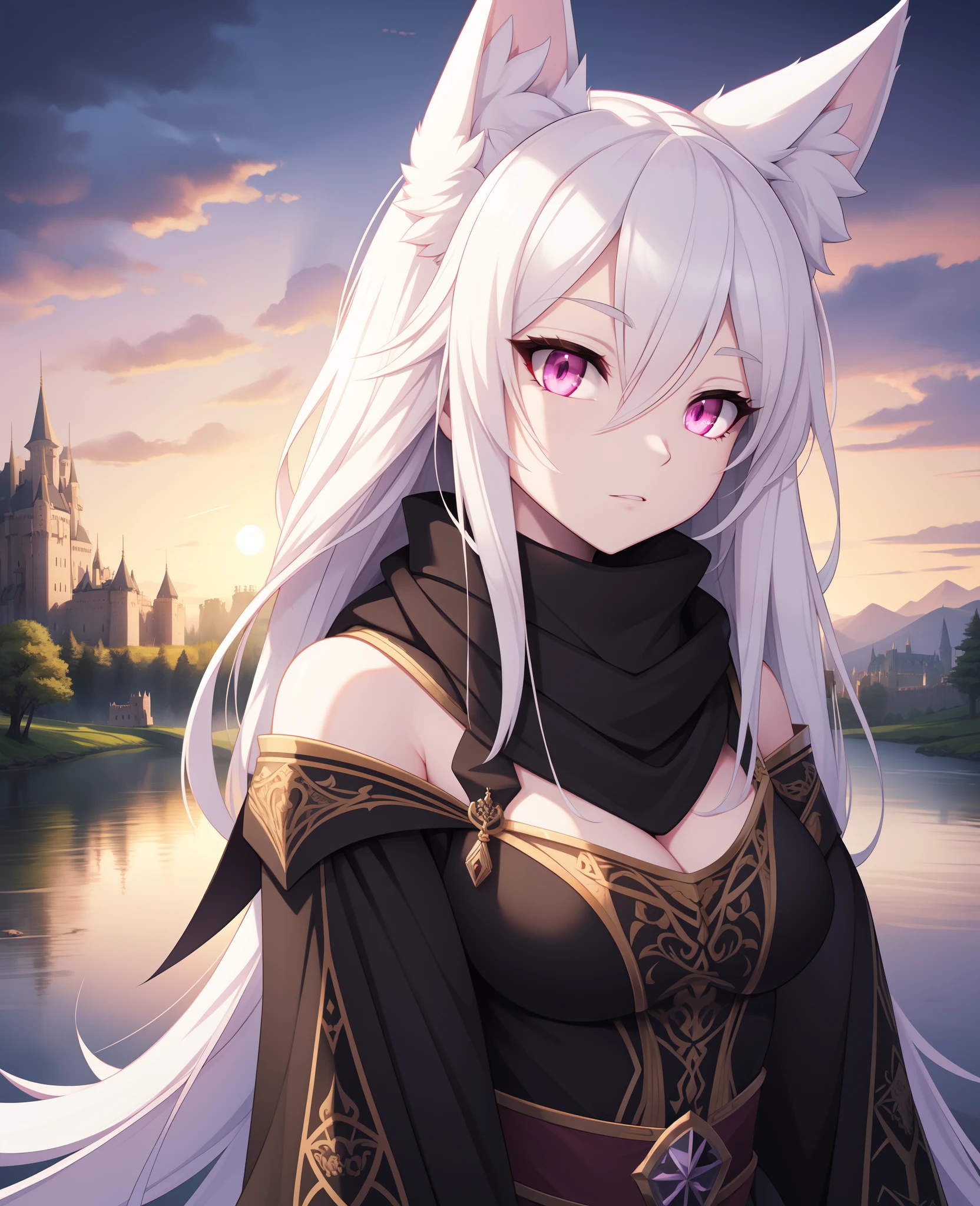 1girl, long white hair, pink eyes, black scarf, wolf ears, maiden outfit, castle in the background, 8k, high resolution, intricate details, ultrasharp, masterpiece, looking at viewer
