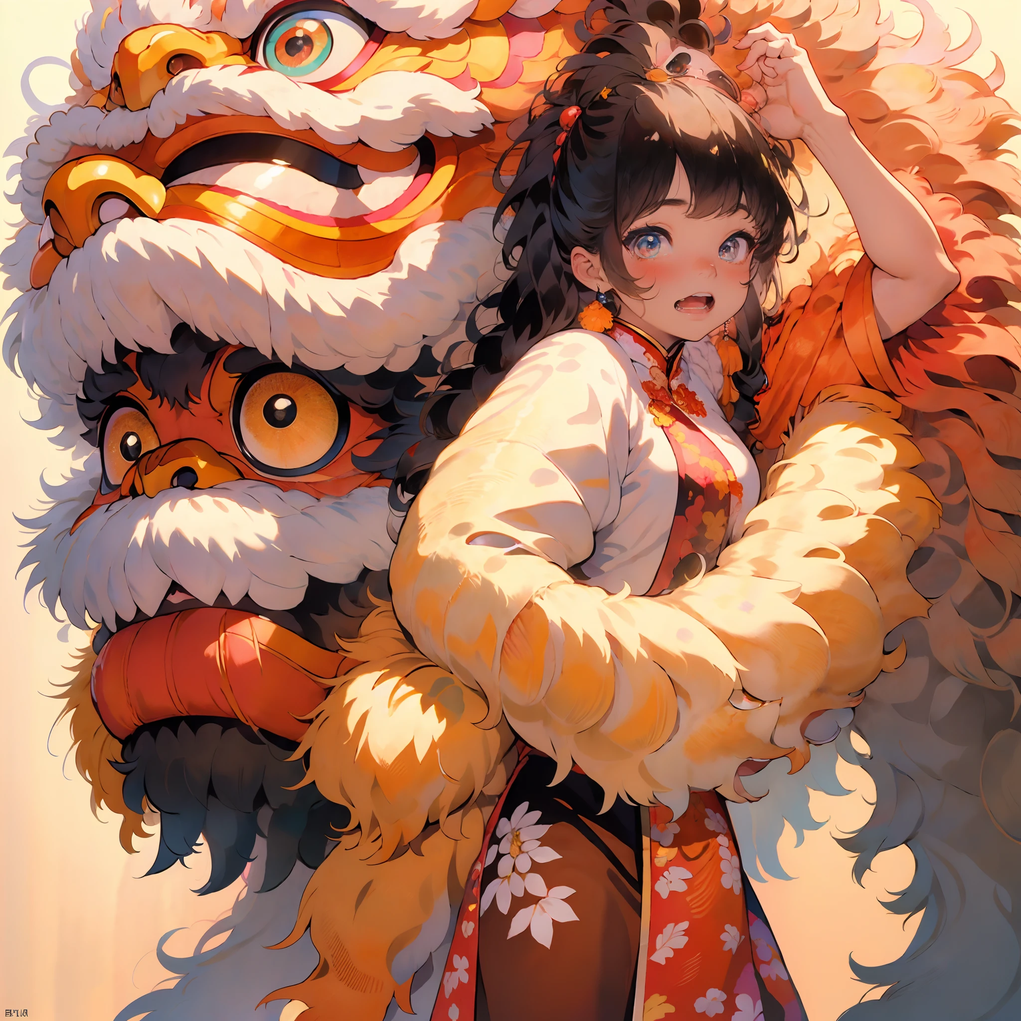 超高分辨率, 独奏, Blushlush, lion dance, Chinese lion, 1womanl，tmasterpiece, best qualtiy, Extremely detailed CG unified 8K wallpapers, illustratio, ultra - detailed, Bushy hair, white mane, largeeyes, toucan, buck teeth, Turn around and look at the audience, Ojiri, hydrangeas, Metal clocks, （Walking posture：1.3）, crazy, Constructivism, Ray tracing, Masterpiece, Best quality, 8K ，extreme beautiful, Avant-garde, Cool, Aura of evil, ventania, Glowing eyes, Serious expressions, dystopian city, Futuristic, Detailed background, Award-Awarded, Neon lights, trending on art station