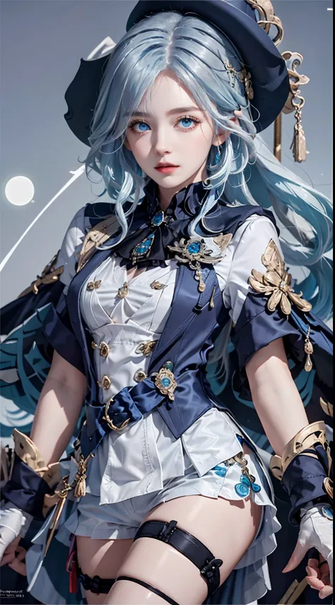 photography awards, masterpiece, blue hair, blue eyes, photorealistic, high resolution, soft light, brooch, waist bow, short shorts, blue suit, multicolored hair, white gloves, black gloves, white shirt, open clothes, water, underwater, ocean, single skirt...