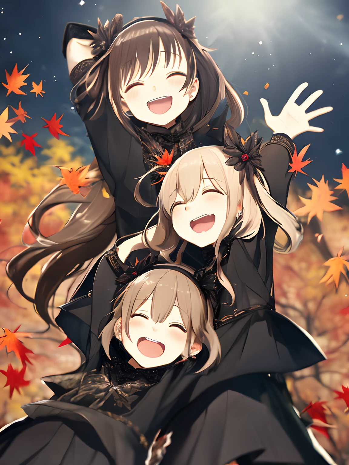 2girls、Autumn outfit、(Huge laughter:1.1)、(Opening Mouth:1.1)、(widely opened eyes:1.4)、Depth of field is deep、blurry backround、Autumn leaves are dancing、heavy wind、galaxies background、masutepiece、top-quality、nffsw、Moa Metal, Yui Metal,