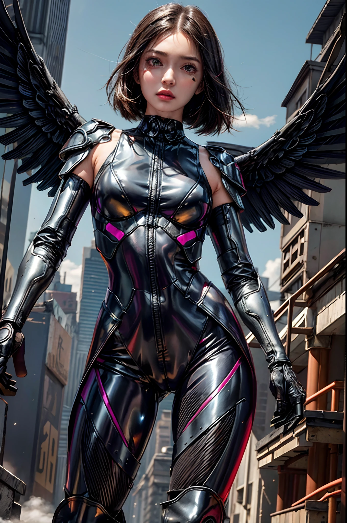 (8K), Highly detailed face,Masterpiece, Pretty girl, Huge black cyborg wings, The wings have neon lights, Wings spread,, Wear tight metal armor, Metal belt, Electronic armor elements, 20yr old, The skin under the suit has glowing lines, Shoulder-length black hair, cyborg eye, Standing upright, Serious expression, Cinematic lighting, Burning cyberpunk city in the distance, Flat chest，tightsuit，extreme hight detail，tmasterpiece