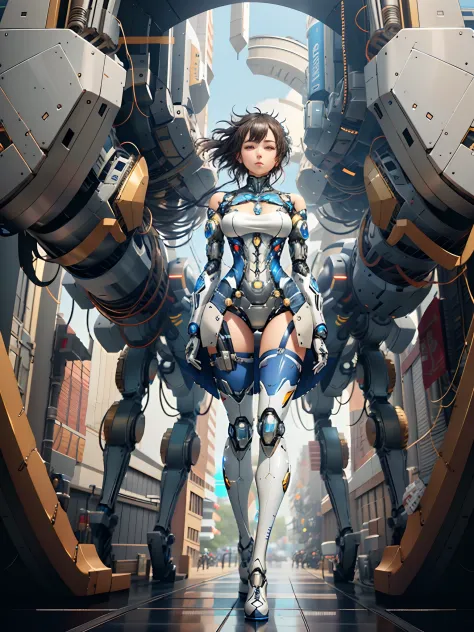 Close-up of a man wearing a blue and white design tights, gynoid cyborg body, female mecha, perfect anime cyborg woman, Biomecha...