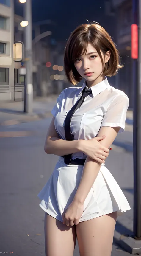top-quality, ​masterpiece, Tokyo at night, neon signs, The city after the rain, Two beautiful girls standing side by side,They have their legs open, hi-school girl, Girls' School Uniforms, White blouse, pleatedskirt, One is light brown medium bob hair, The...