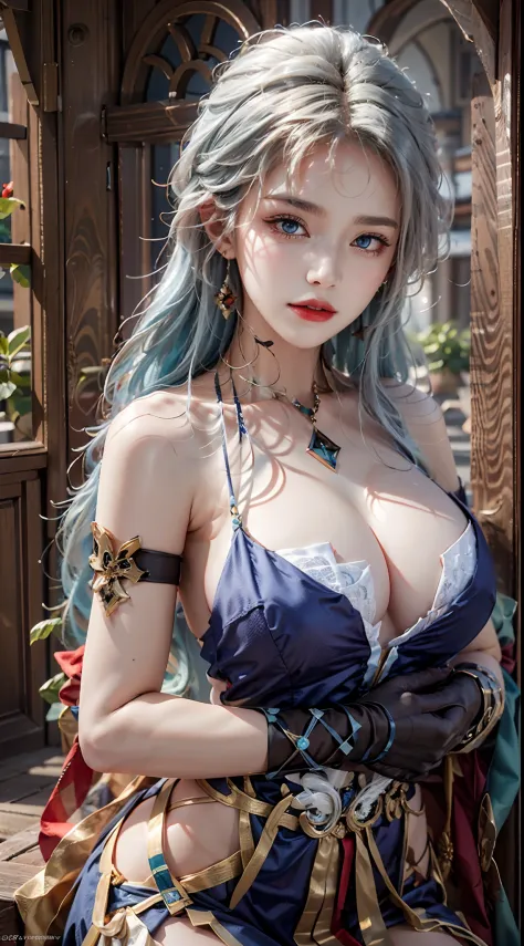 photography awards, masterpiece, blue hair, blue eyes, photorealistic, high resolution, soft light, signora \\(genshin impact\\) , large breasts, long hair, mature female, one eye covered, jewelry, mask, black gloves, elbow gloves, fur trim, dress, coat