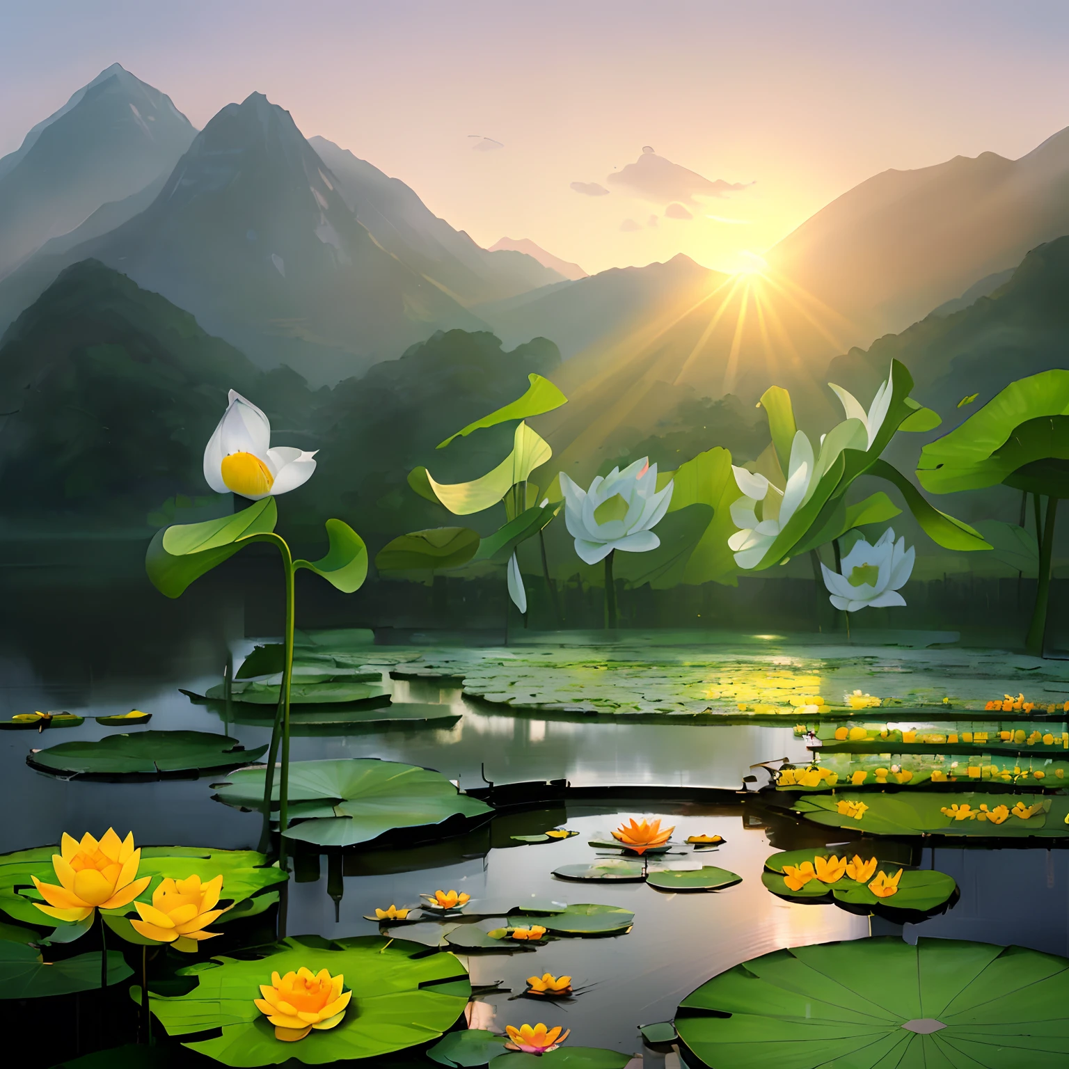 (best quality, masterpiece, high resolution, photorealistic:1.4), blooming field of flowers, serene pond, picturesque landscape, nature [flowers], traditional pavilion, elegant lotus leaves, beautiful barefoot, riverside, small bridge, top-notch image quality