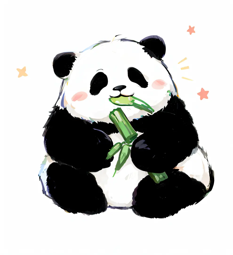 Panda eating bamboo leaves with stars in background, Cute panda, a cute giant panda, panda panda panda, Panda, having a snack, bamboos, Bamboo, in bamboo forest, Eating, cute illustration, fluffy green belly, author：Chai Mansion, cute animal, with a straw,...