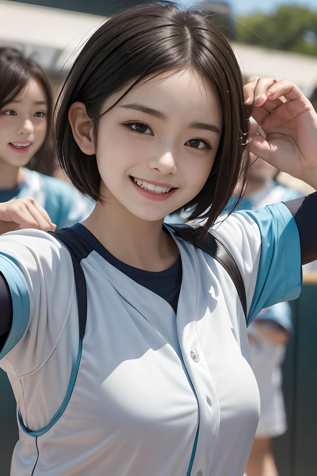 8K,Softball players、A Japanese Lady、Japan Team、Smile full of happiness、((Looks happy:1.3))、Panting face、Lacking、Sweating、Expression in a state of excitement、short-hair、eye glass、8K,Softball players、A Japanese Lady、Japan Team