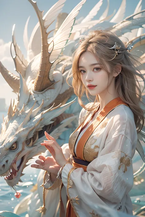 Dragons in Chinese mythology,(Portrait of an angel and a dragon god:1.3,)(Sheer and revealing white fluffy outfit:1.3, ),(Angel ...