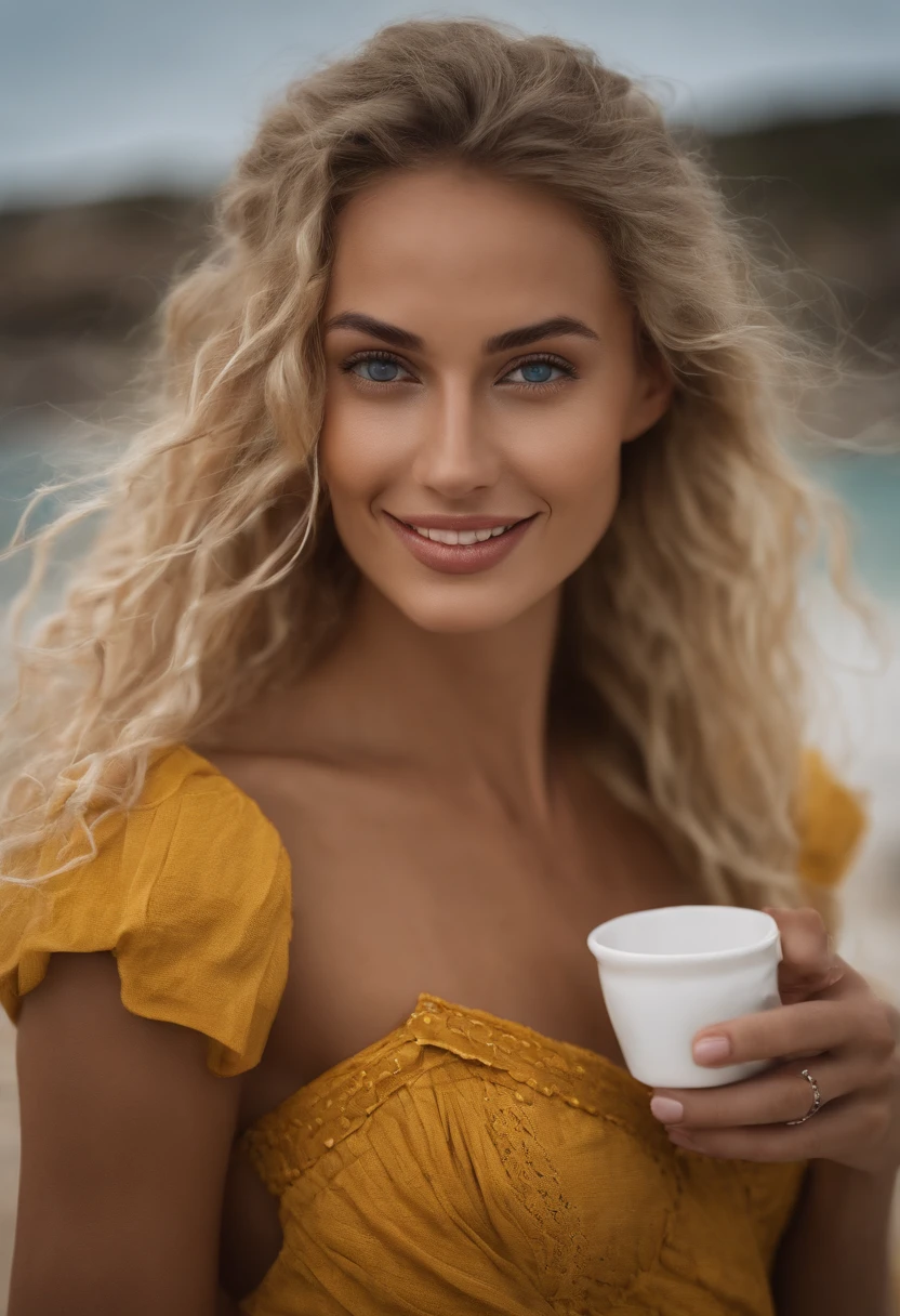 cute beautiful model Elsa Karlsson, blonde with (dreadlock), wearing yellow floating dress,(drinking italian coffee in a chiringuito close to the beach), very detailed, dark cloudy weather in the background, natural wave hair, blue eyes, high-res, masterpiece, best quality,intricate details, highly detailed,sharp focus, detailed skin,realistic skin texture,texture, detailed eyes, professional, 4k, charmer smile, shot on Canon, 85mm,shallow depth of field,kodak vision color, perfect fit body, extremely detailed, photo_\(ultra\), photorealistic, realistic, post-processing, max detail, roughness, real life, ultra realistic, photorealism, photography, 8k uhd, photography,