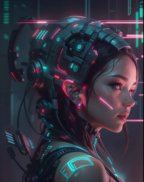 there is a woman with a glowing headpiece and a glowing face, wlop. scifi, beautiful digital artwork, beautiful cyberpunk girl f...