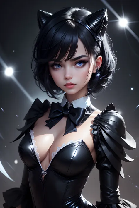 Digital art, by IrinaKapi.
Lady night, perfect black, portrait of a girl with blue-black hair, creative haircut, silver flashes of light, bow tie, ultra detailing of clothes, silver inserts, silver little horns, starlight in the eyes, big blue eyes, intric...