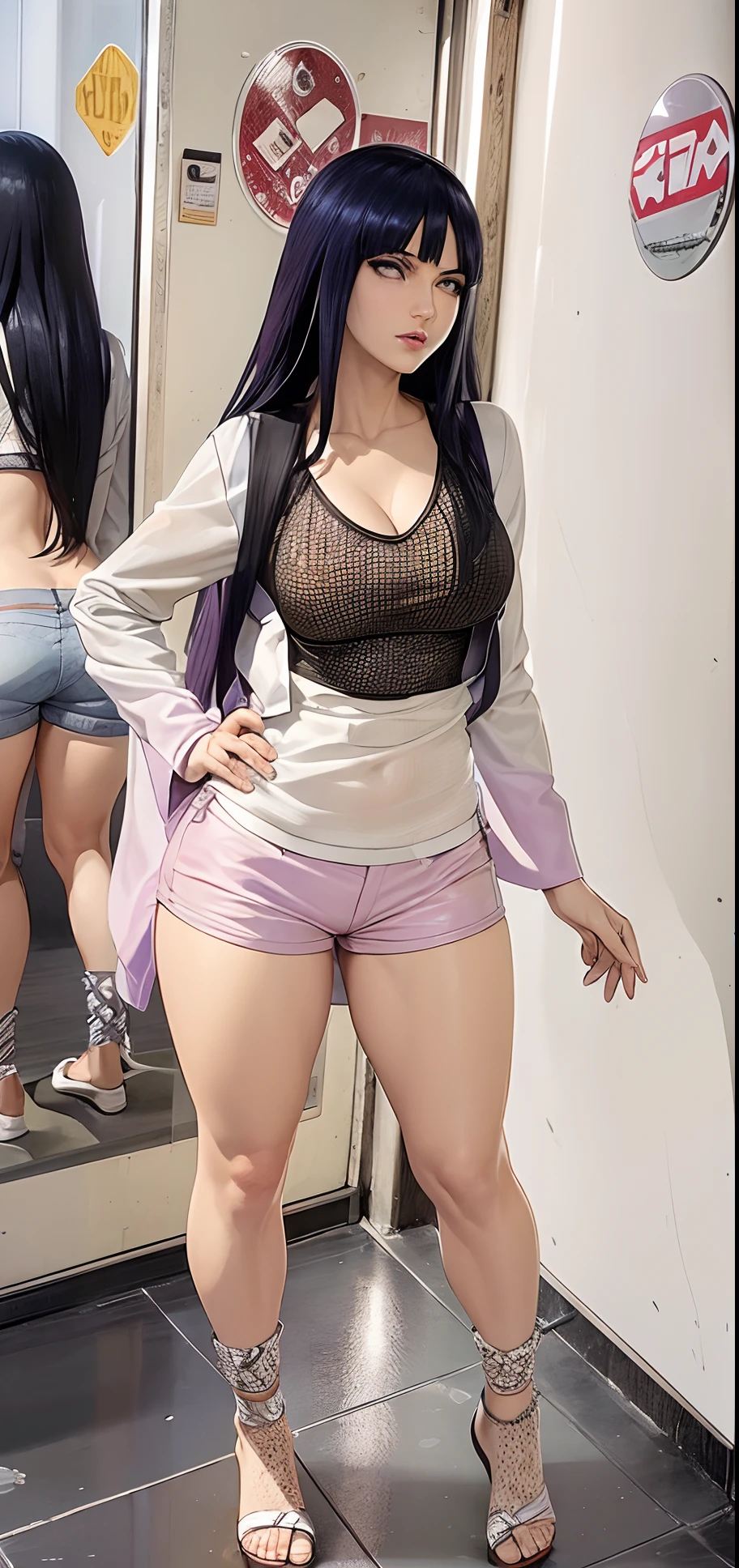 hyuga Hinata, extremely lifelike, extremely sexy, very beautiful, big-ass, legs thick, 8k, Extremely beautiful, gorgeous face, taking a butt selfie