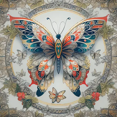 (White background:1.4),(Symmetrical:1.5),(masterpiece butterfly, In the middle,  Oriental elements),（China - chic illustration:1...
