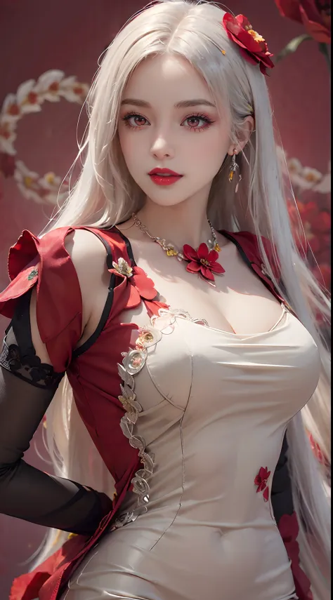 A beautiful and sexy 20 year old girl, ((wearing a super thin red dress:1.8)), a dress with diamonds, ((long platinum hair:1.6))...