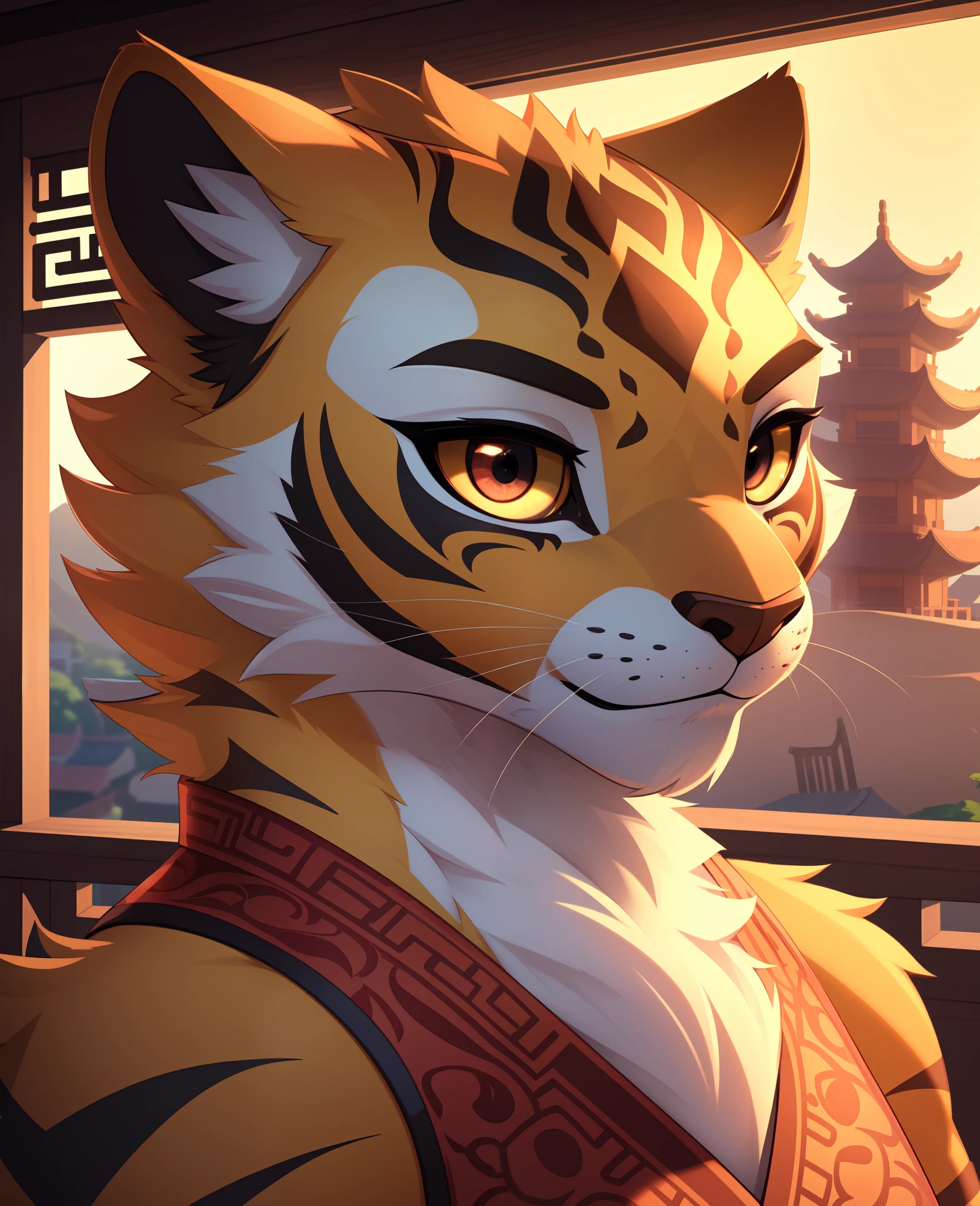 (best quality, highest quality, digital art, intricate, highres, 8k, anthropomorphic, furry, uploaded_on_e621:1.4), mastertigress, furry female anthro, tiger girl, portrait, headshot, close-up, tranquil, solo, (body fur:1.2), (best quality), (chinese town background:1.2), dramatic lighting, detailed fluffy fur, looking at viewer, small breeasts, detailed fluffy fur,
