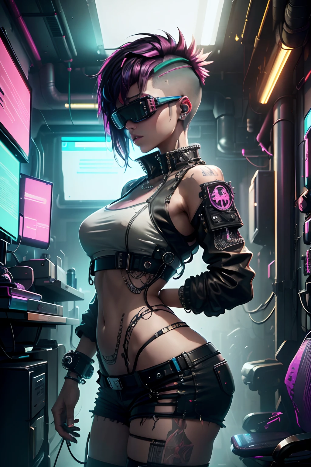 (Masterpiece, best quality), (highres, ultra-detailed), (absurdres, perfect anatomy), female hacker in a cyberpunk universe, ((punk haircut)), computer room, virtual reality headset, brain interface, cables