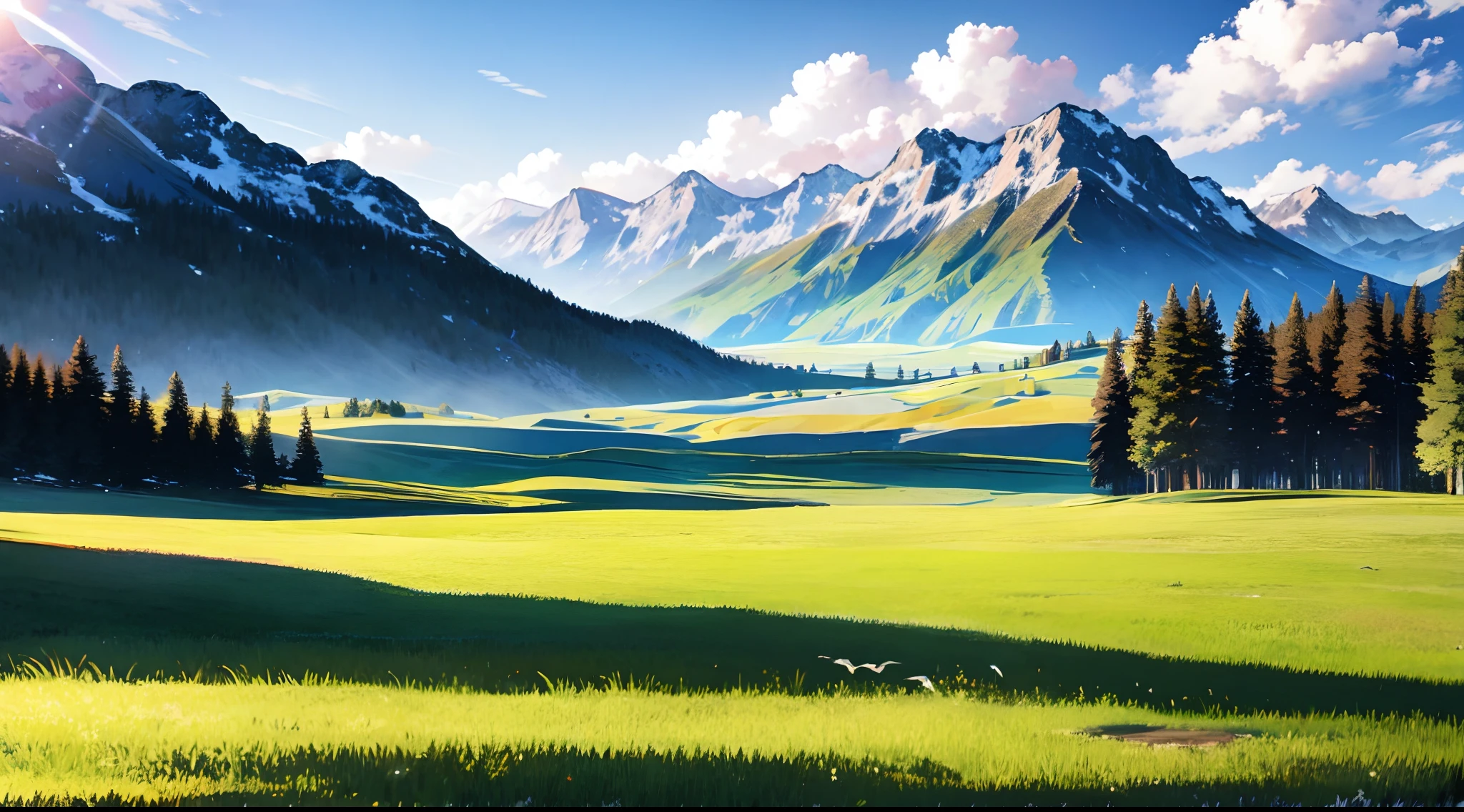 detailed background, masterpiece, best quality, landscape, mountains, grassland, forest, sun, daytime, clouds, flock, wolves