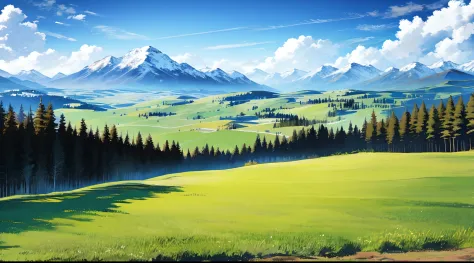 detailed background, masterpiece, best quality, landscape, mountains, grassland, forest, sun, daytime, clouds, flock, wolves