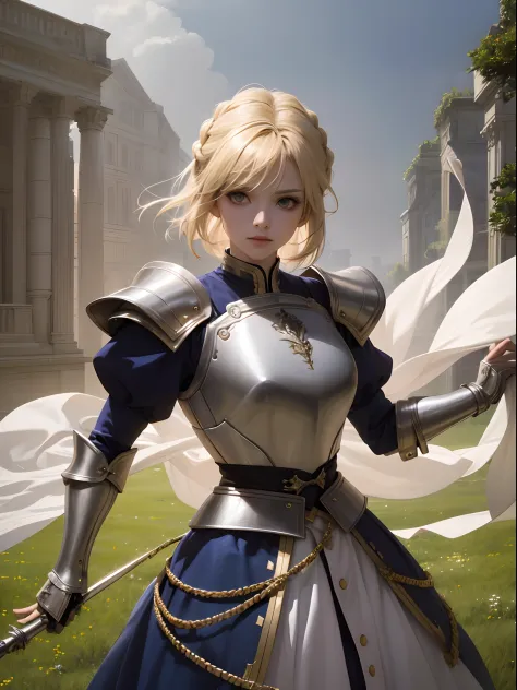 Personable girl, The face of Artoria, King of knights in the Destiny series, standing in a lush green meadow，Surrounded by fores...