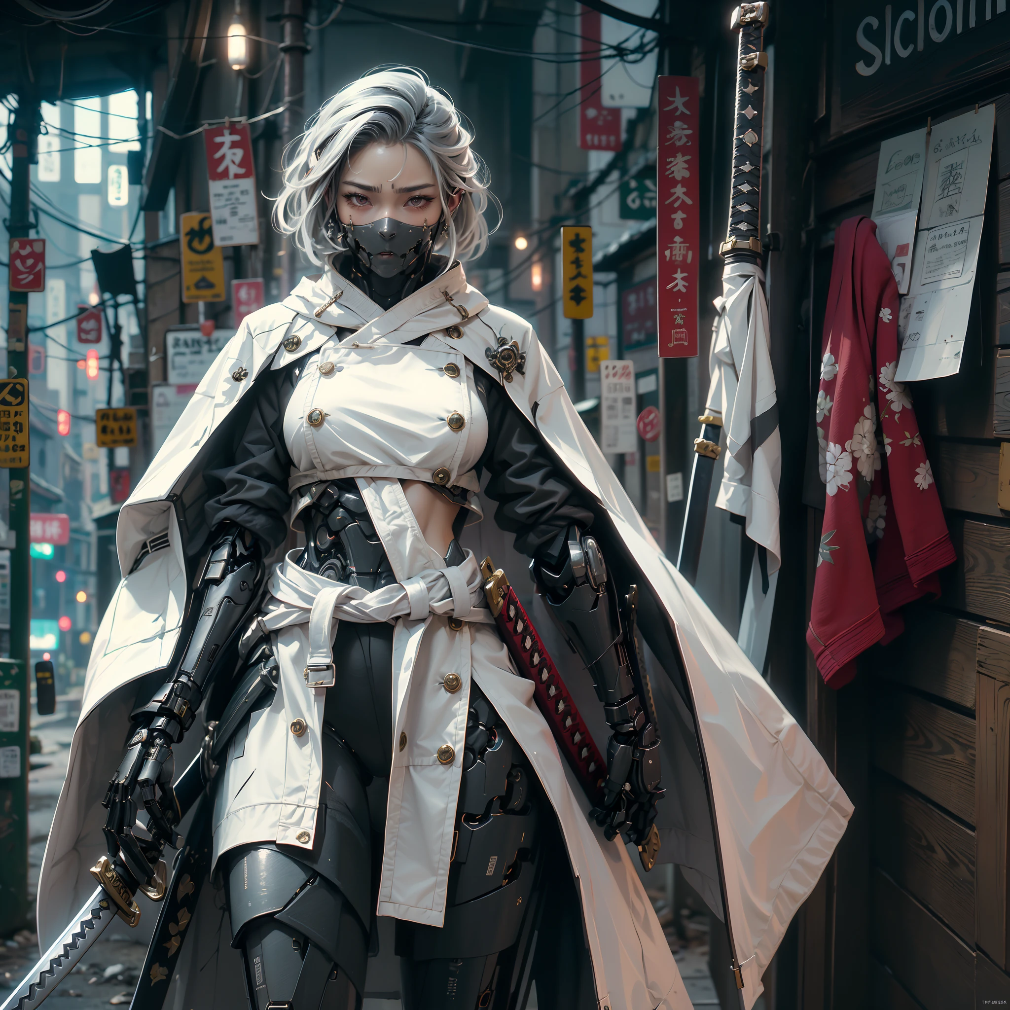 (Masterpiece, Best quality:1.2), extremely detailed, 1female samurai cyborg wearing a cape, (White Coat:1.2), holding sword, Katana, God of War, complex, 8k, wallpaper, lighting cinematic, iridescent, armor, mecha, big wings,