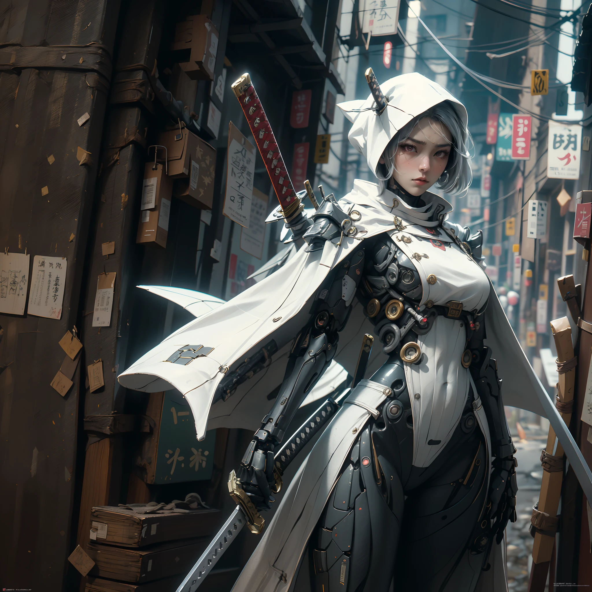 (Masterpiece, Best quality:1.2), extremely detailed, 1female samurai cyborg wearing a cape, (White Coat:1.2), holding sword, Katana, God of War, complex, 8k, wallpaper, lighting cinematic, iridescent, armor, mecha, big wings,