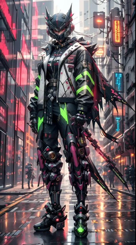 full body shot shot，There was a woman dressed in black and green，Perfect looks，Carrying a rucksack, cyberpunk face mask，Cyberpunk super long hair，cyberpunk streetwear, cyberpunk suit, cyberpunk street goon, Cyberpunk long cape，A cyberpunk extra-long mechan...