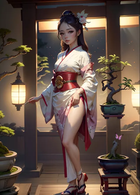 breathtaking, seductive standing pose, (mystical), (portrait of geisha girl relaxing in fantasy fairytale dreamscape world), (wh...