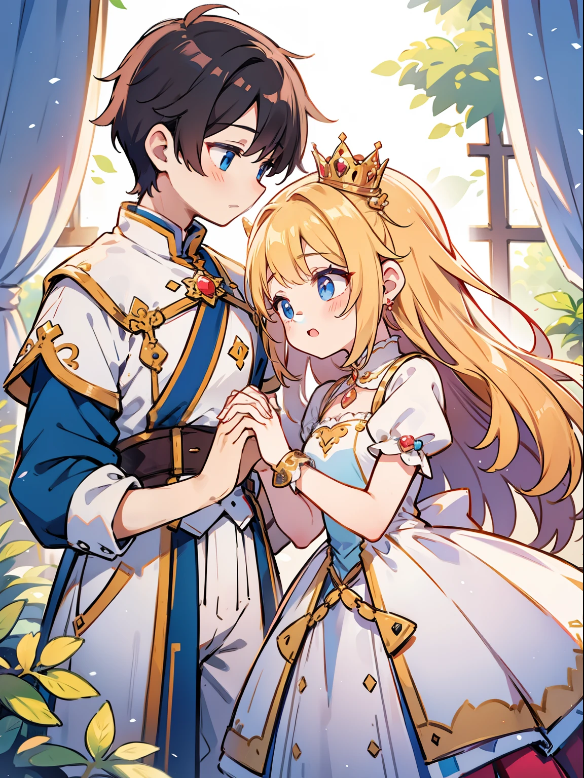 Holding hands and hands、Cute prince boy and cute princess girl、reliance、stumble