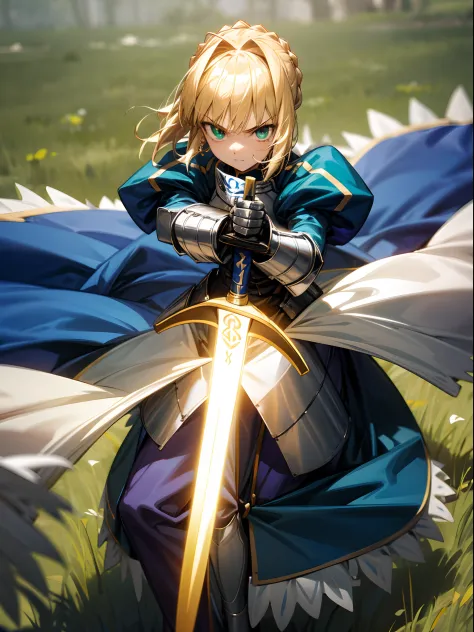 Grand background，1girll，A face，bit girl，Artoria，king arthur，King of Britain，FATE series，Knight King，medieval times，Majesty，((Bri...