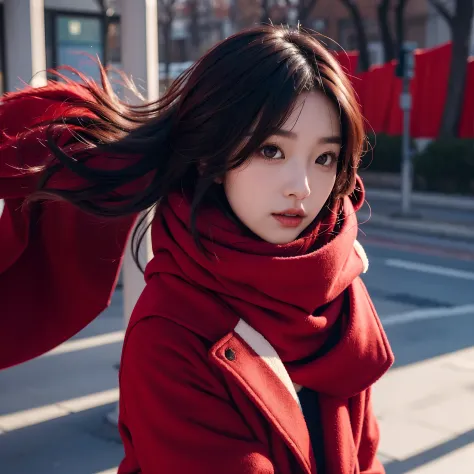 there is a woman with a red coat and a red scarf, jinyoung shin, heonhwa choe, janice sung, sha xi, wan adorable korean face, jaeyeon nam, chiho, headshot profile picture, sun yunjoo, ulzzang, lee ji - eun, lee ji-eun, she has a cute face