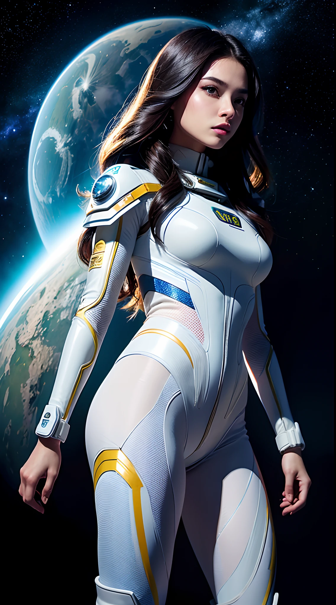（tmasterpiece：1.2），best qualtiy，In space，（nigh sky，medium lenght hair：1.2），（illustratio：1.2），lindo cenario，dreads，（Elaborate luminescence，lens flare glow），（Hyper-detailing），Hyper-detailing，（exquisitedetails），（complexdetailovie light，Best quality backlight），Clear lines，New world，peeping at the viewer，Solo Woman，（Space Girl，the space），Oriental women，The girl looks like a Chinese movie star，Solo Woman，Perfect body，Beautiful 16 year old girl，（1girll），（Bright bioluminescent hair，bright glowing eyes），（Galaxies，Alien planet），（Astronaut wearing sexy futuristic style white tight spacesuit：1.1），（The material of the spacesuit is extremely light），The girl's waist is very slender，big breasts thin waist，bare shoulders​，Bare legs，exposed waist，Latex tight spacesuit，The chest of the spacesuit shows the starry sky，Slightly closed eyes，（cyber punk perssonage），（dyna：1.3），（putting makeup on）），hight contrast，（The best lighting，Extremely refined and beautiful），（（Movie Moonlight）），Extremely colorful，（（Photoshop Pastel Painting：1.1）），aethereal，（Movie Masterpiece），suspense，Funk，（Starscream），splash of color，absolutly eye-catching，（（Caustics）），dynamic angle，big breasts beautiful（detailed glow），（spine-chilling），（Intricate movie scenes behind it：1.2），Environmental occlusion， （Ambient moonshine）， ray-traced reflection， intricately detailed visible background ， （Glowing spacesuit）， terroral， （Bioluminescent vegetation：1.2）， terroral， uneasy， A futuristic， terroral， （Hologram head-up display）， （Delicate Great Comet）